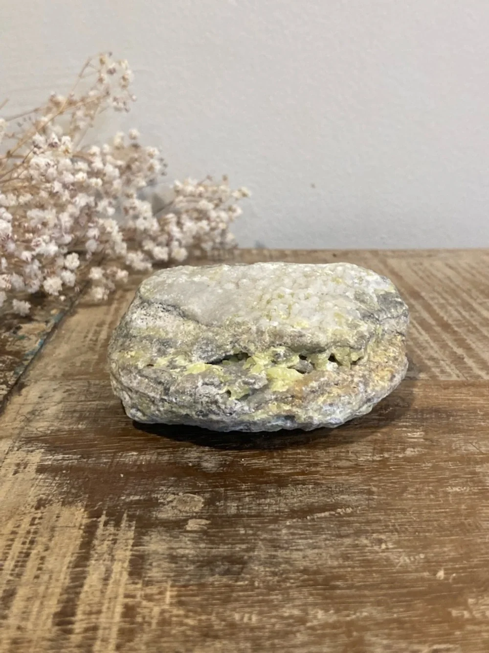 Yellow Rock with Crystals Sulfur Smell 3.5” Across
